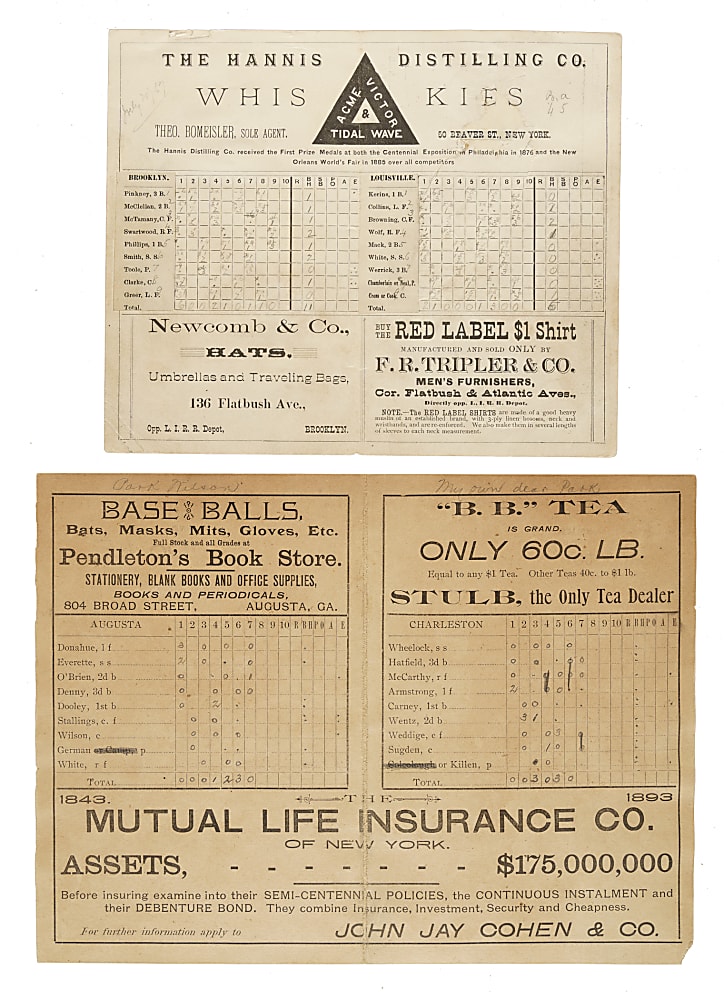 1887 Brooklyn Grays (vs. Louisville Colonels) and 1893 Southern League Augusta (vs. Charleston) Scorecard Pair