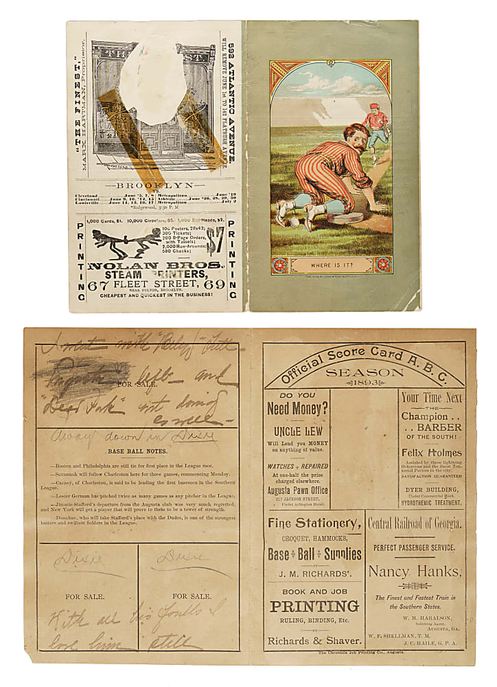 1887 Brooklyn Grays (vs. Louisville Colonels) and 1893 Southern League Augusta (vs. Charleston) Scorecard Pair
