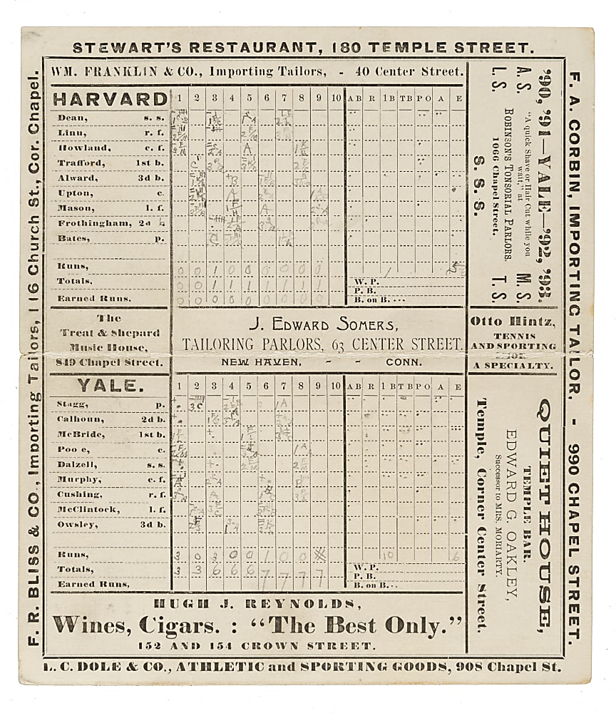 1890 Yale (vs. Harvard) Baseball Scorecard with Amos Alonzo Stagg