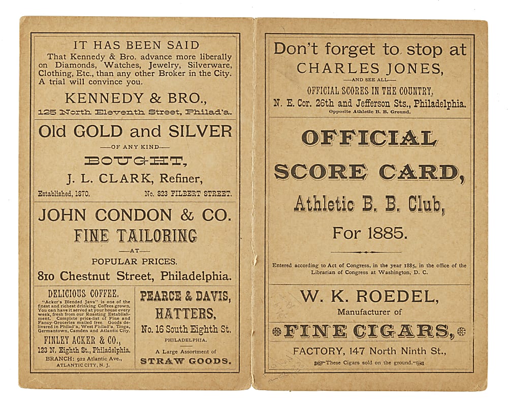 1885 Philadelphia Athletics (vs. Cincinnati Red Stockings) American Association Scorecard with Bid McPhee