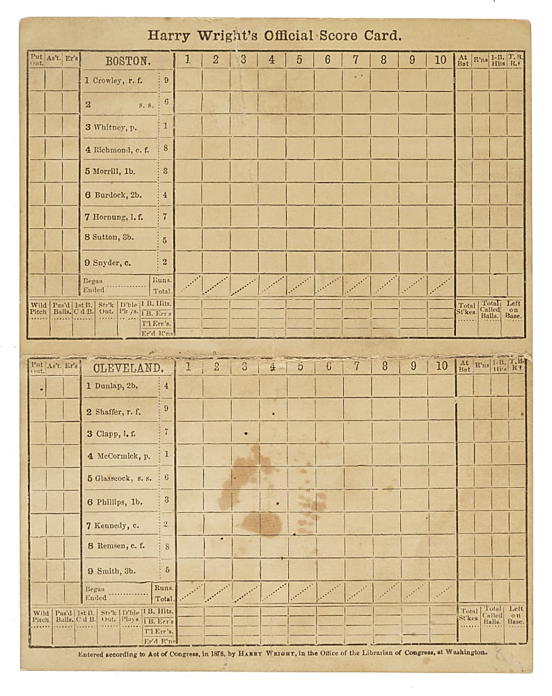 1881 Boston Red Caps (vs. Cleveland Blues) Scorecard with Jack Glasscock