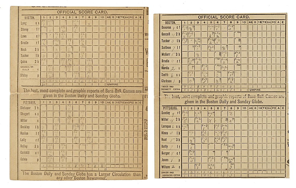 1890 and 1891 Pittsburgh Alleghanys vs. Boston Beaneaters Scorecard Pair with Beckley, Hanlon, Galvin, Kelly, Clarkson, and Sunday