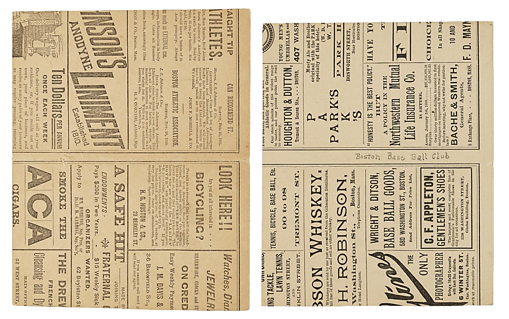 1890 and 1891 Pittsburgh Alleghanys vs. Boston Beaneaters Scorecard Pair with Beckley, Hanlon, Galvin, Kelly, Clarkson, and Sunday