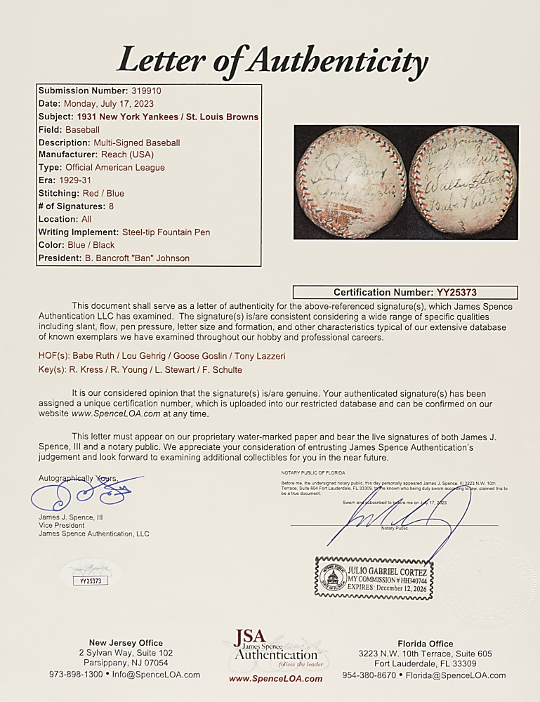 1931 New York Yankees/St. Louis Browns Multi-Signed Baseball with Babe Ruth and Lou Gehrig - JSA