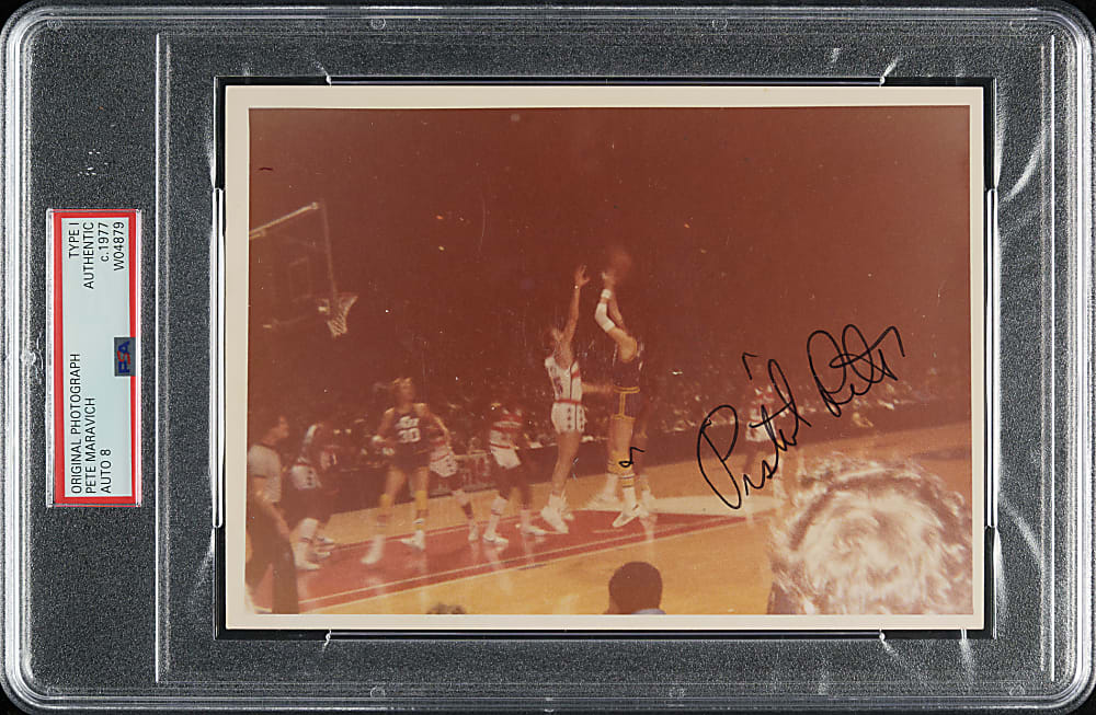 Circa 1977 Pete Maravich Signed Original Photograph PSA/DNA Type I with NM-MT 8 Signature