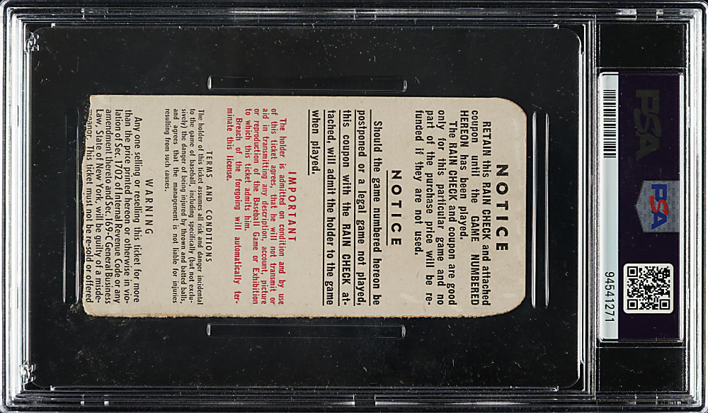 1951 New York Yankees (vs. New York Giants) World Series Game 1 Ticket Stub PSA EX 5 - Mickey Mantle and Willie Mays World Series Debut - Highest Graded!