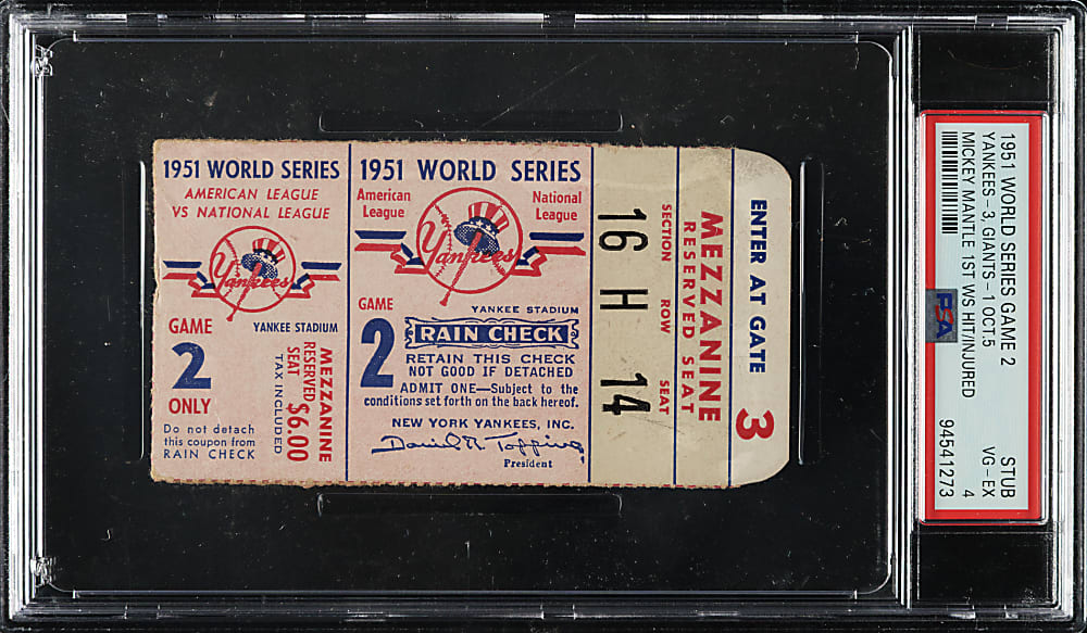 1951 New York Yankees (vs. New York Giants) World Series Game 2 Ticket Stub PSA VG-EX 4 - Mickey Mantle First World Series Hit - Highest Graded!