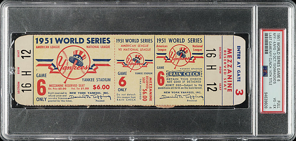 1951 New York Yankees (vs. New York Giants) World Series Game 6 Full Ticket PSA VG-EX 4 - Mickey Mantle's First Championship and Joe DiMaggio's Final Career Game