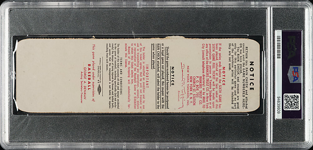 1951 New York Yankees (vs. New York Giants) World Series Game 6 Full Ticket PSA VG-EX 4 - Mickey Mantle's First Championship and Joe DiMaggio's Final Career Game