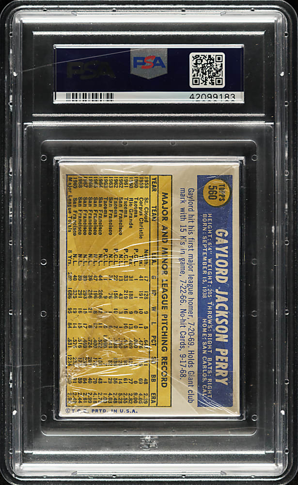 1970 Topps Sixth Series Unopened Cello Pack PSA MINT 9 - Gaylord Perry on Back - 1 of 2 - Highest Graded!