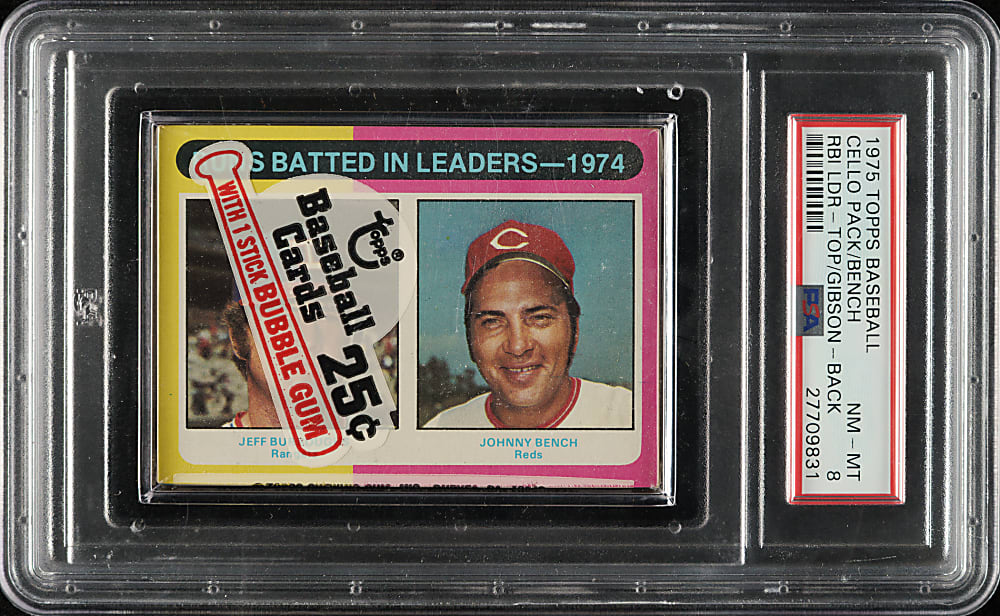 1975 Topps Unopened Cello Pack PSA NM-MT 8 - RBI Leaders with Johnny Bench on Top and Bob Gibson on Back