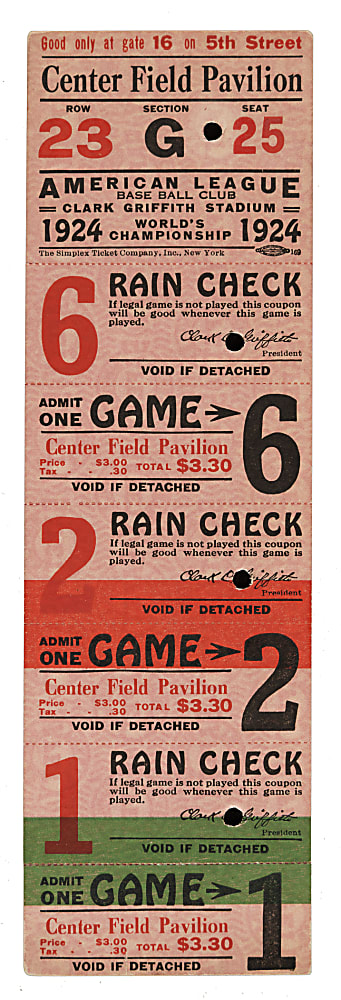 1924 Washington Senators World Series Uncut Ticket Sheet - Games 1, 2, and 6