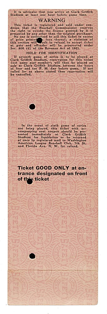 1924 Washington Senators World Series Uncut Ticket Sheet - Games 1, 2, and 6