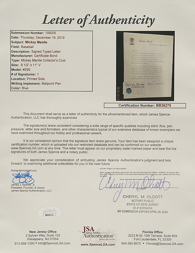 Mickey Mantle Signed Collector's Club Letter - JSA