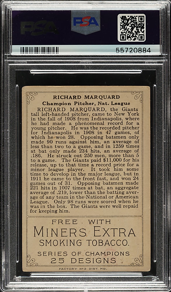 1912 T227 "Series of Champions" Rube Marquard (Miners Extra) PSA FAIR 1.5