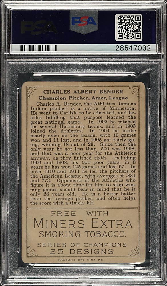 1912 T227 "Series of Champions" Chief Bender (Miner's Extra) PSA POOR 1
