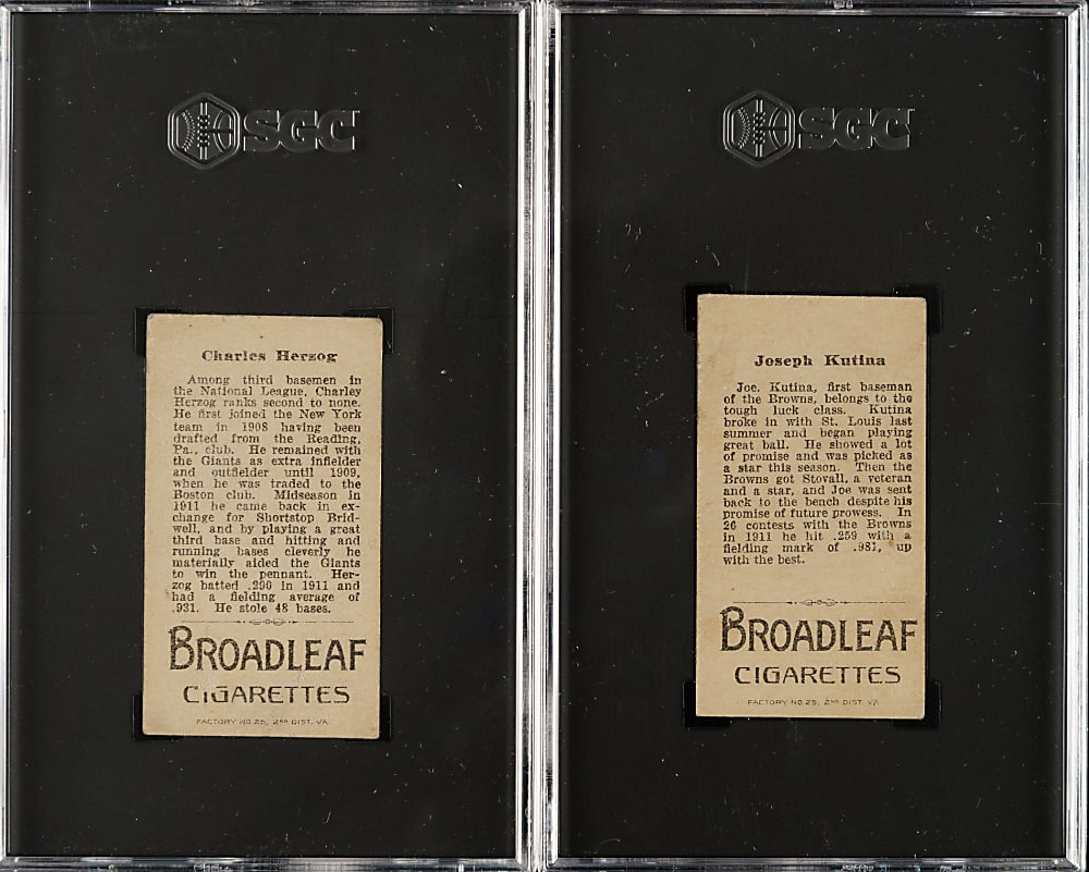 1912 T207 Brown Background Charles Herzog and Joseph Kutina SGC GOOD+ 2.5 Pair - Broadleaf Back