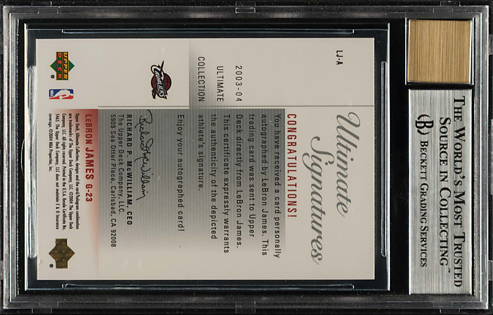 2003-2004 Upper Deck Ultimate Collection Ultimate Signatures Basketball #LJ-A LeBron James Rookie BGS MINT 9 with GEM 10 Signature