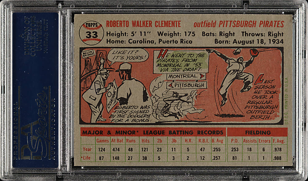 1956 Topps #33 Roberto Clemente Gray Back PSA NM 7