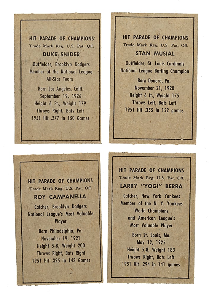 1952 Berk Ross Near-Complete Set (65/72) Including Berra, Campanella, Musial, and Snider