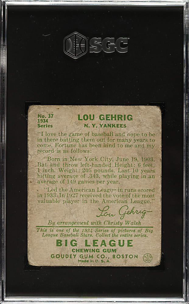 1934 R320 Goudey #37 Lou Gehrig SGC POOR 1