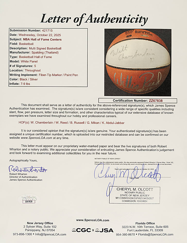 Hall of Fame Multi-Signed Basketball with Mikan, Russell, Jabbar, and Chamberlain - JSA