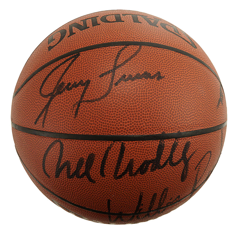 New York Knicks Hall of Famer and Stars Multi-Signed Basketball with Patrick Ewing, Willis Reed, and Walt Frazier