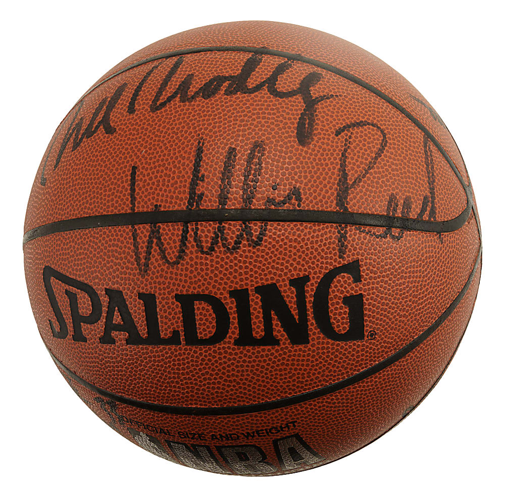 New York Knicks Hall of Famer and Stars Multi-Signed Basketball with Patrick Ewing, Willis Reed, and Walt Frazier