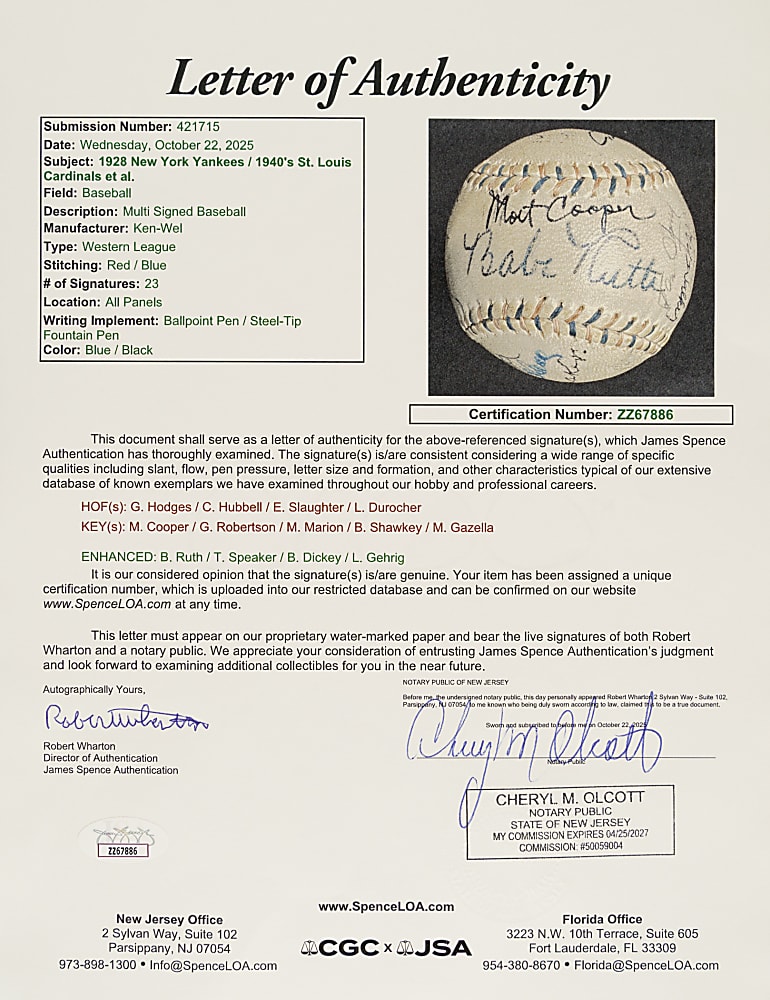 Hall of Fame and Stars Multi-Signed Baseball with Babe Ruth, Lou Gehrig, and Tris Speaker - JSA