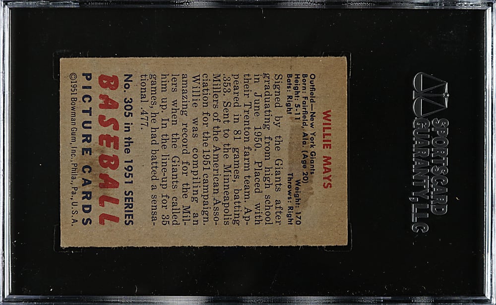 1951 Bowman #305 Willie Mays Rookie SGC VG 40