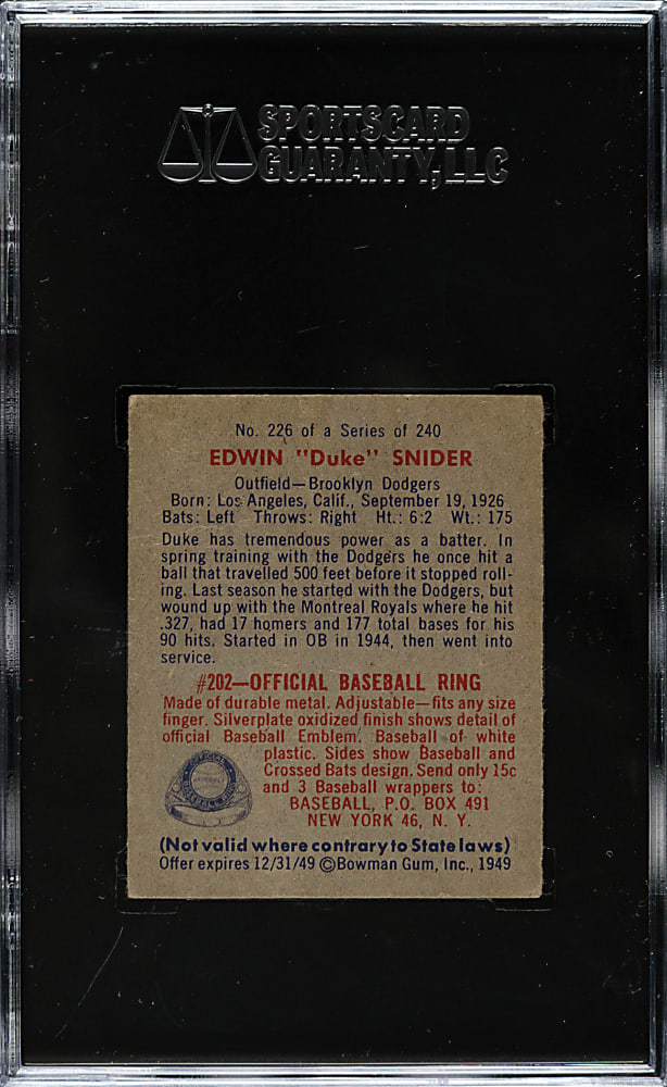 1949 Bowman #226 Duke Snider Rookie SGC VG 40