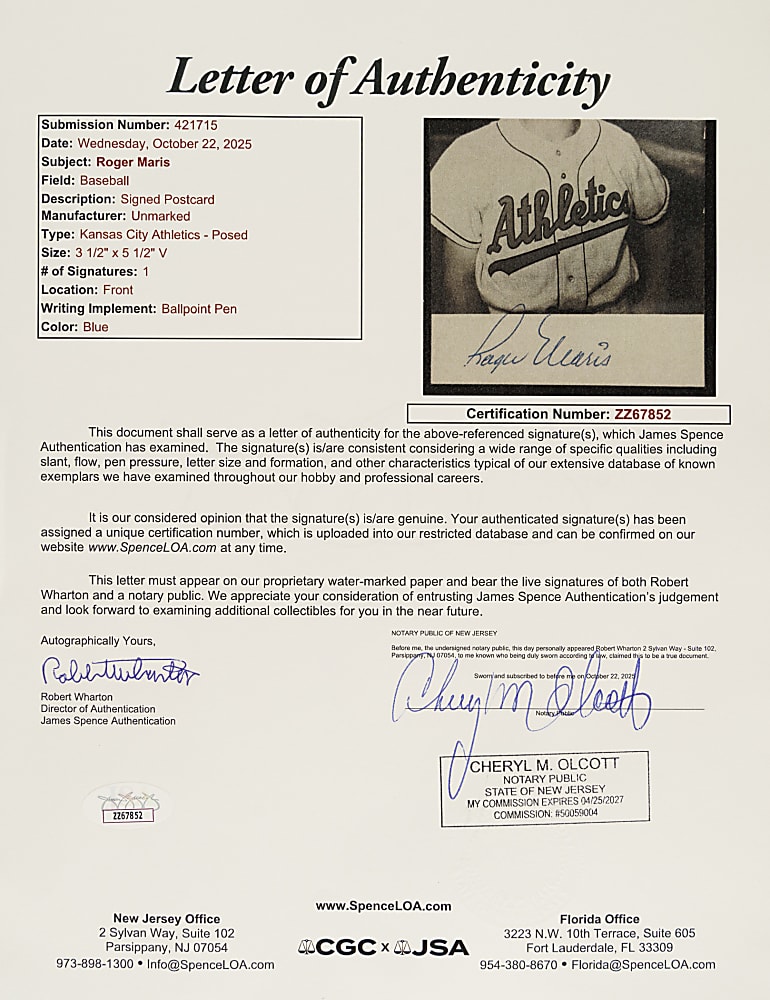 Roger Maris Signed Real-Photo Postcard - JSA