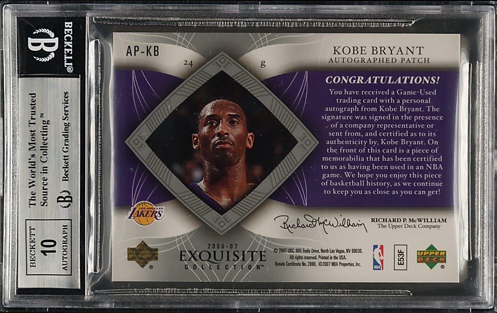 2006-2007 Upper Deck Exquisite Collection Autograph Patches Basketball #AP-KB Kobe Bryant #84/100 BGS MINT 9 with GEM 10 Signature