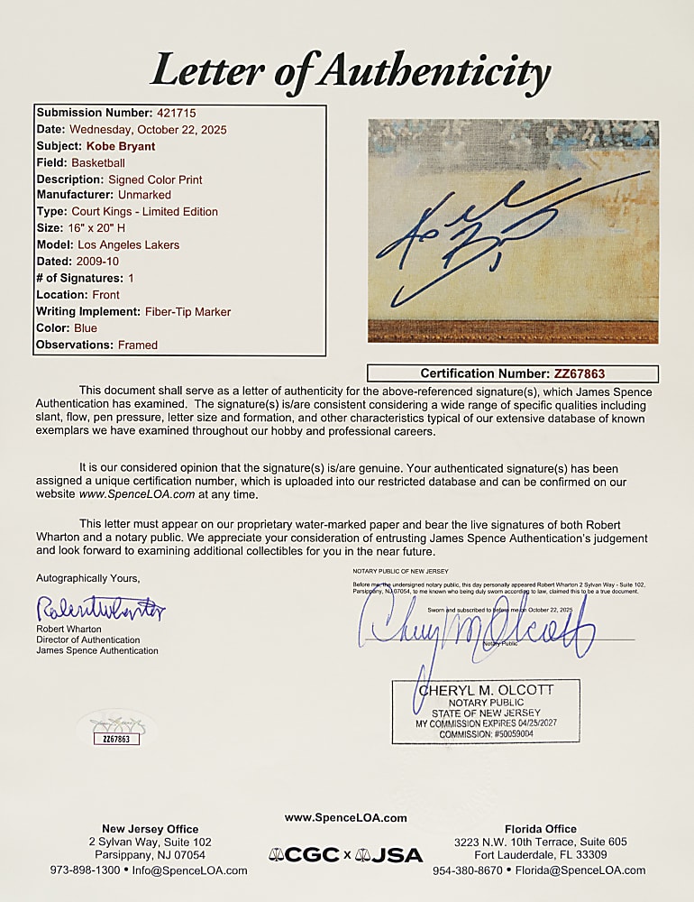 2009-2010 Kobe Bryant Signed Panini Court Kings Le Cinque Piu Belle Limited-Edition Lithograph #12/24