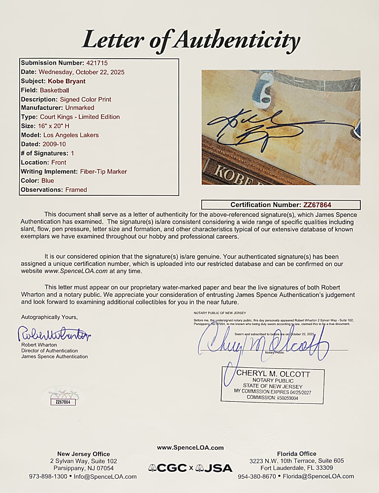 2009-2010 Kobe Bryant Signed Panini Court Kings Le Cinque Piu Belle Limited-Edition Lithograph #11/24