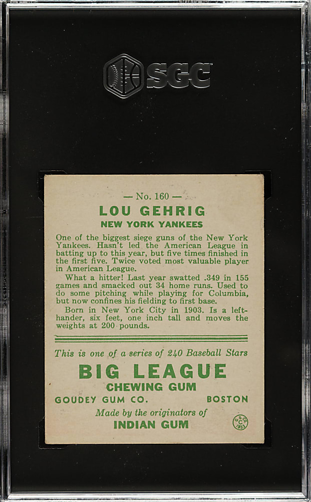 1933 R319 Goudey #160 Lou Gehrig SGC VG+ 3.5