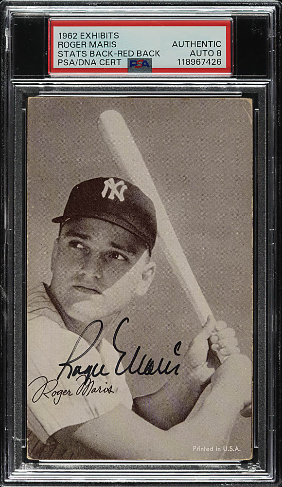 Signed 1962 Statistic Back Exhibits Roger Maris Red Back PSA/DNA NM-MT 8