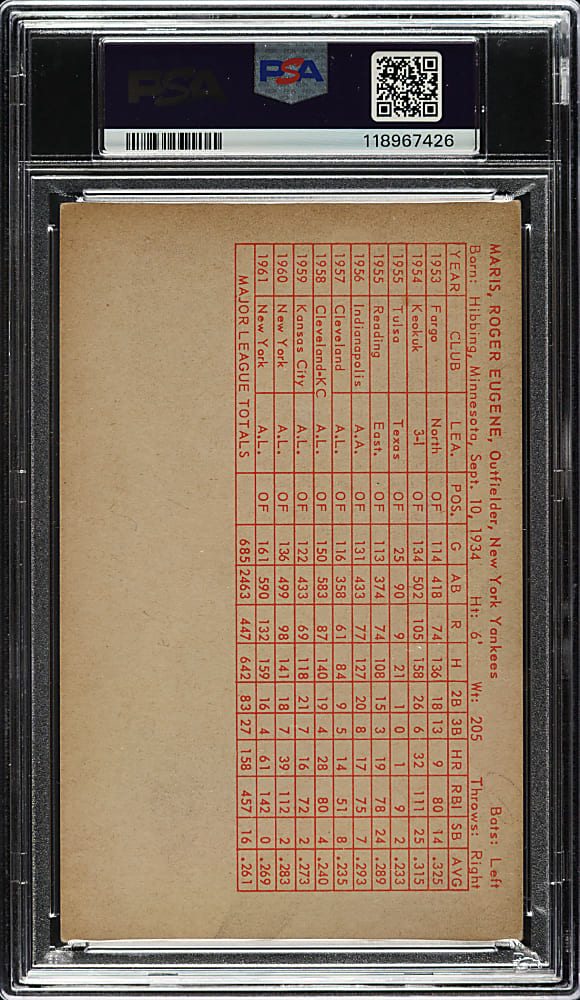 Signed 1962 Statistic Back Exhibits Roger Maris Red Back PSA/DNA NM-MT 8