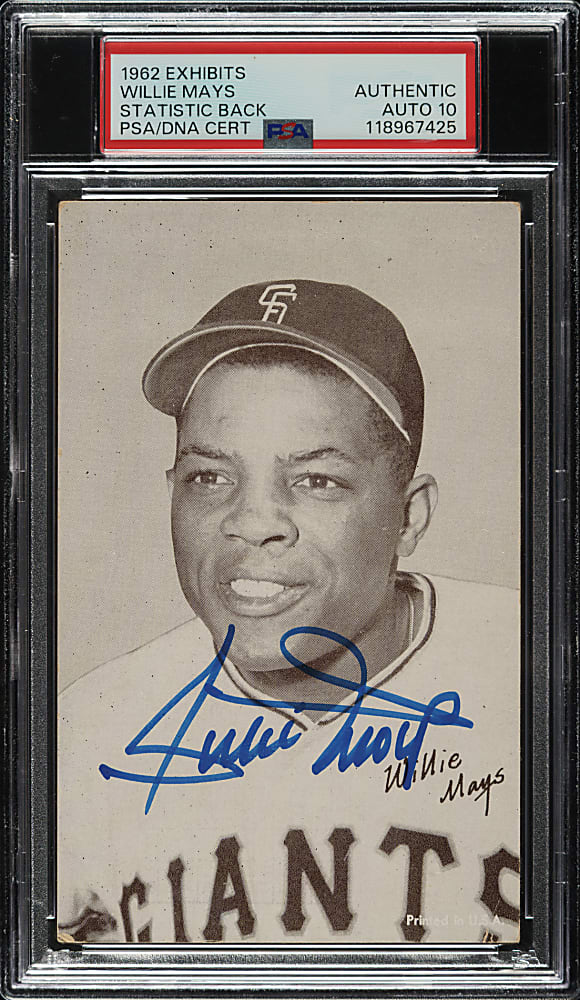 Signed 1962 Statistic Back Exhibits Willie Mays Black Back PSA/DNA GEM MINT 10