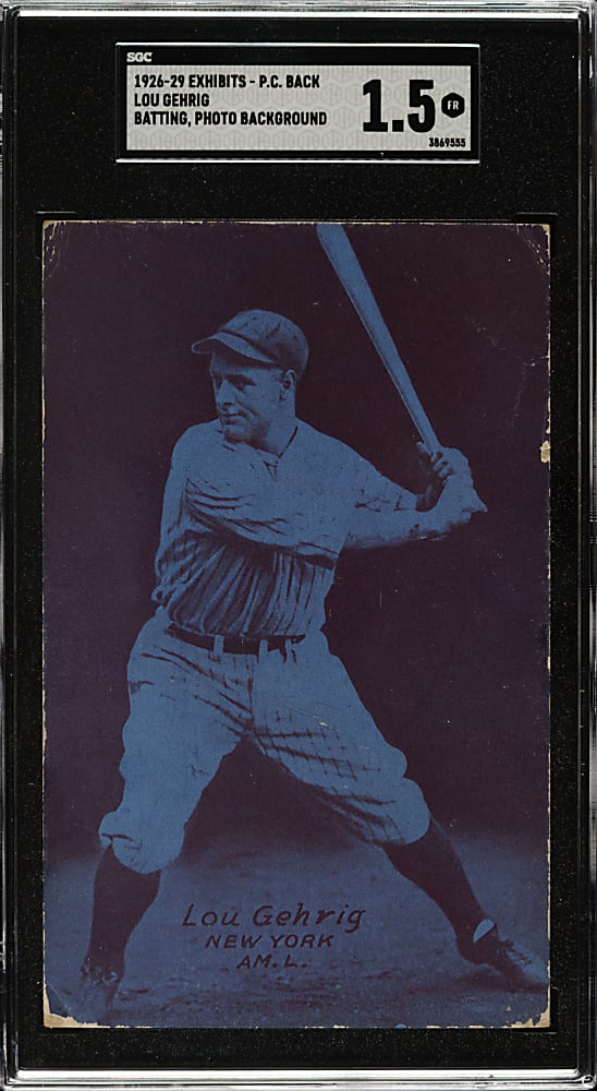 1926-1929 "Exhibit-Style Postcard-Back" Lou Gehrig Batting Photo Background SGC FAIR 1.5