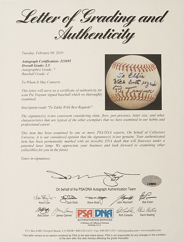 Pie Traynor Single-Signed Baseball - PSA/DNA