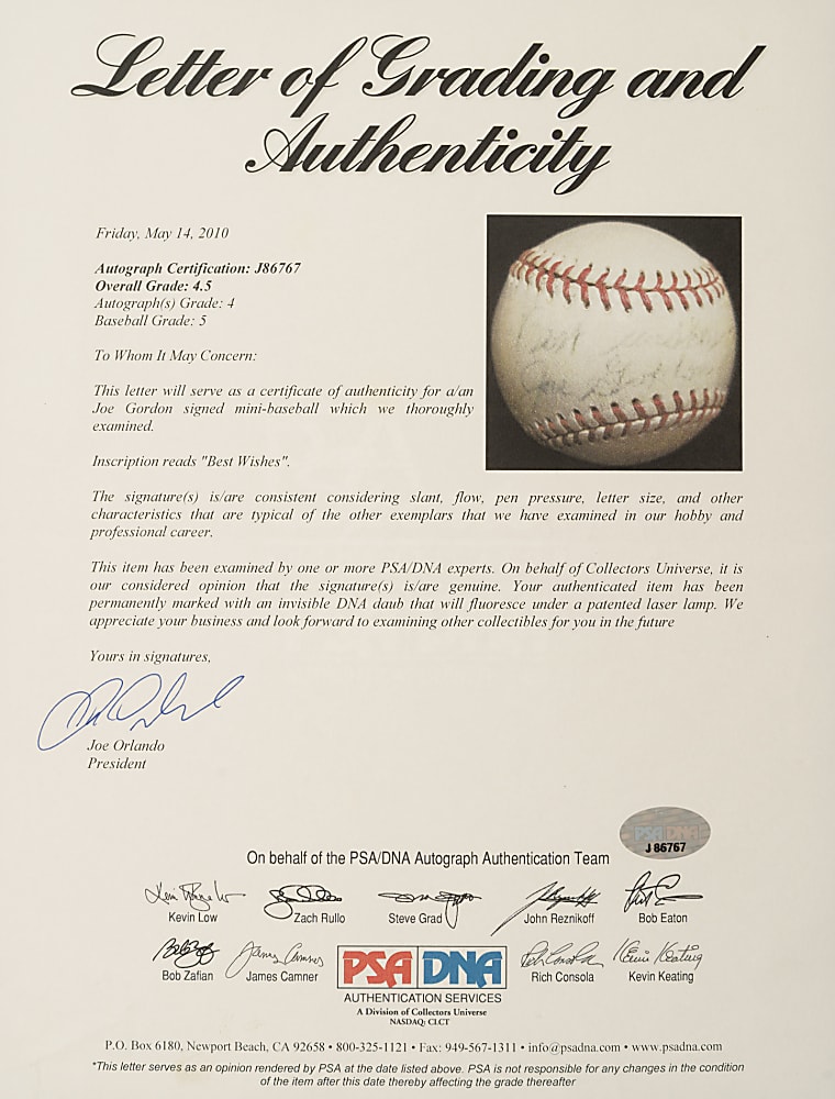 Joe Gordon Single-Signed Miniature Baseball - PSA/DNA