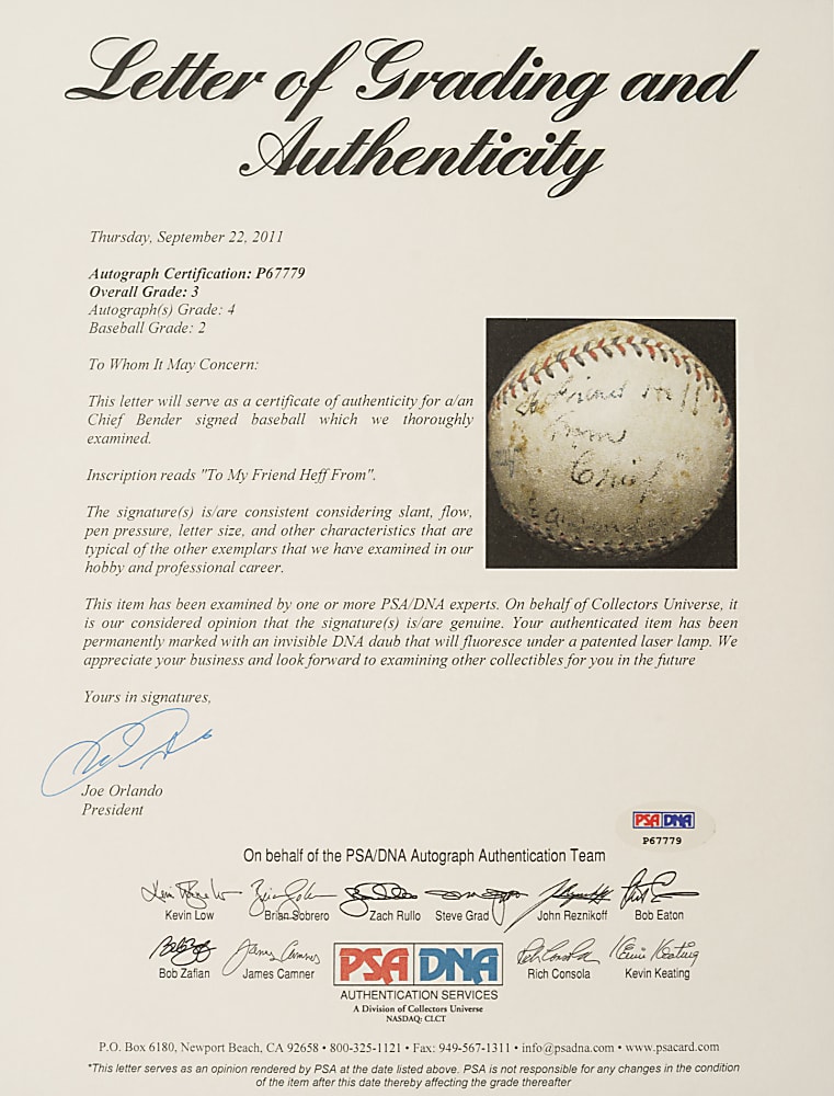 Chief Bender Single-Signed Baseball - PSA/DNA