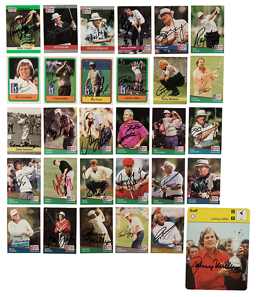 1981 to 1993 Pro Set, Donruss, and Fax-Pax Golf Hall of Fame and Stars Signed-Card Collection (34) Including Daly, Hogan, Sarazen, and Palmer