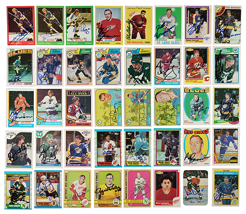 1959 to 1989 Topps and O-Pee-Chee Hockey Signed-Card Collection (44) Including Alex Delvecchio, Bobby Clarke, and Glenn Hall