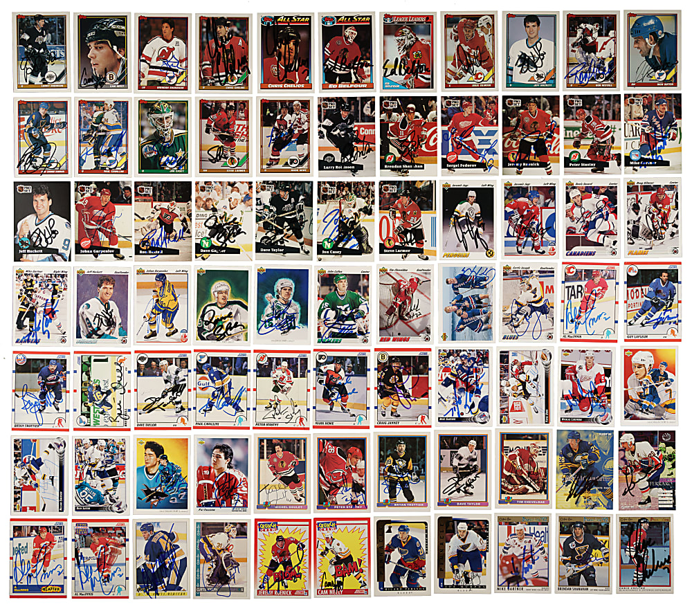 1990 to 1999 Topps, Score, Upper Deck, and O-Pee-Chee Hockey Signed-Card Collection (117) Including Howe, Jagr, Trottier, and Mikita