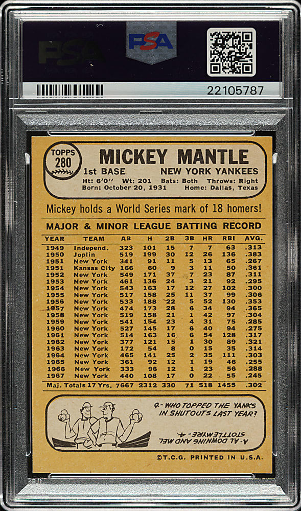 1968 Topps #280 Mickey Mantle PSA MINT 9
