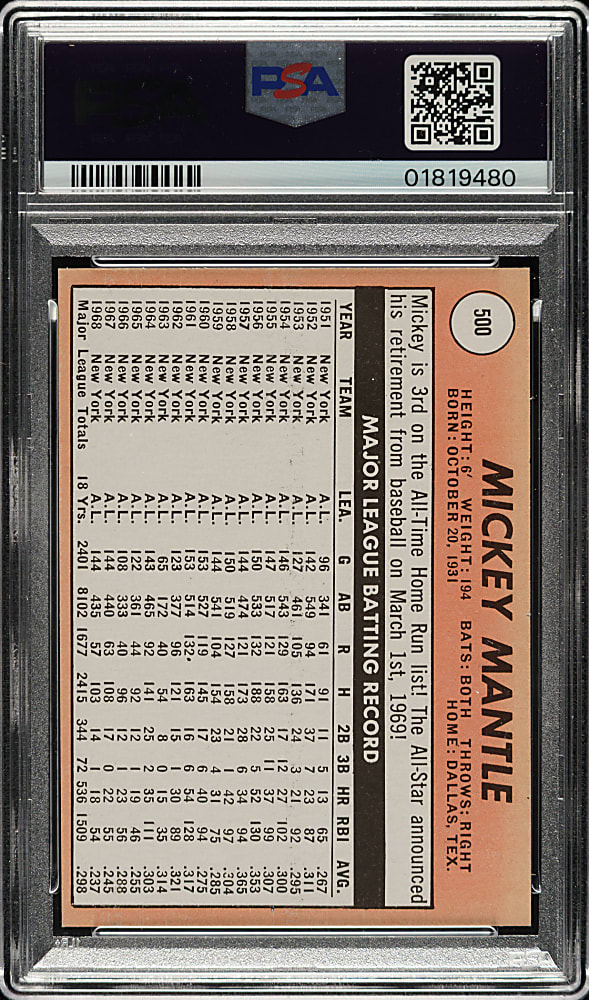 1969 Topps #500 Mickey Mantle PSA MINT 9