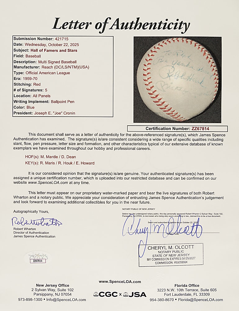 Mickey Mantle, Roger Maris, Dizzy Dean, and Elston Howard Multi-Signed Baseball - JSA