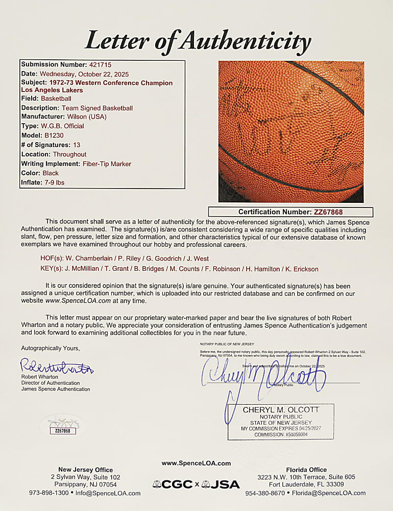1972-1973 Los Angeles Lakers Western Conference Champions Team-Signed Basketball with Wilt Chamberlain and Jerry West - JSA